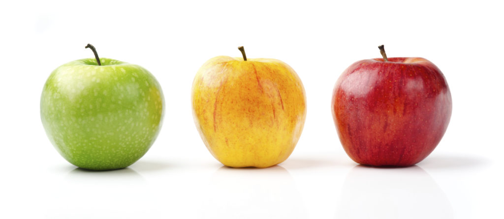 Three apples depicting visual identity, brand identity, and brand image